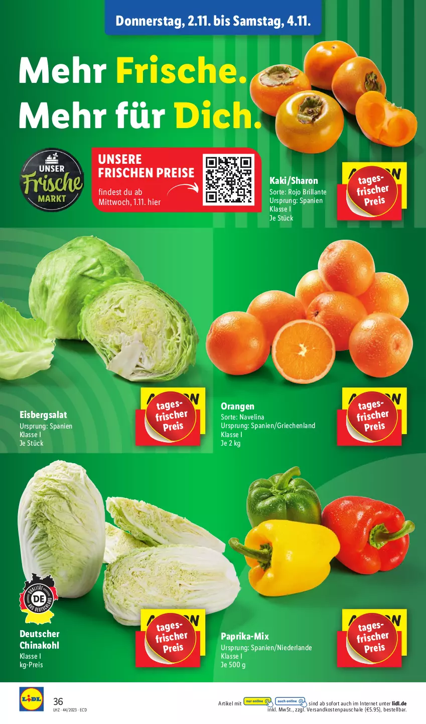 Aktueller Prospekt Lidl - Aktionsprospekt - von 30.10 bis 04.11.2023 - strona 50 - produkty: eis, eisbergsalat, Kaki, navelina, ndk, orange, orangen, paprika, reis, salat, Schal, Schale, Ti