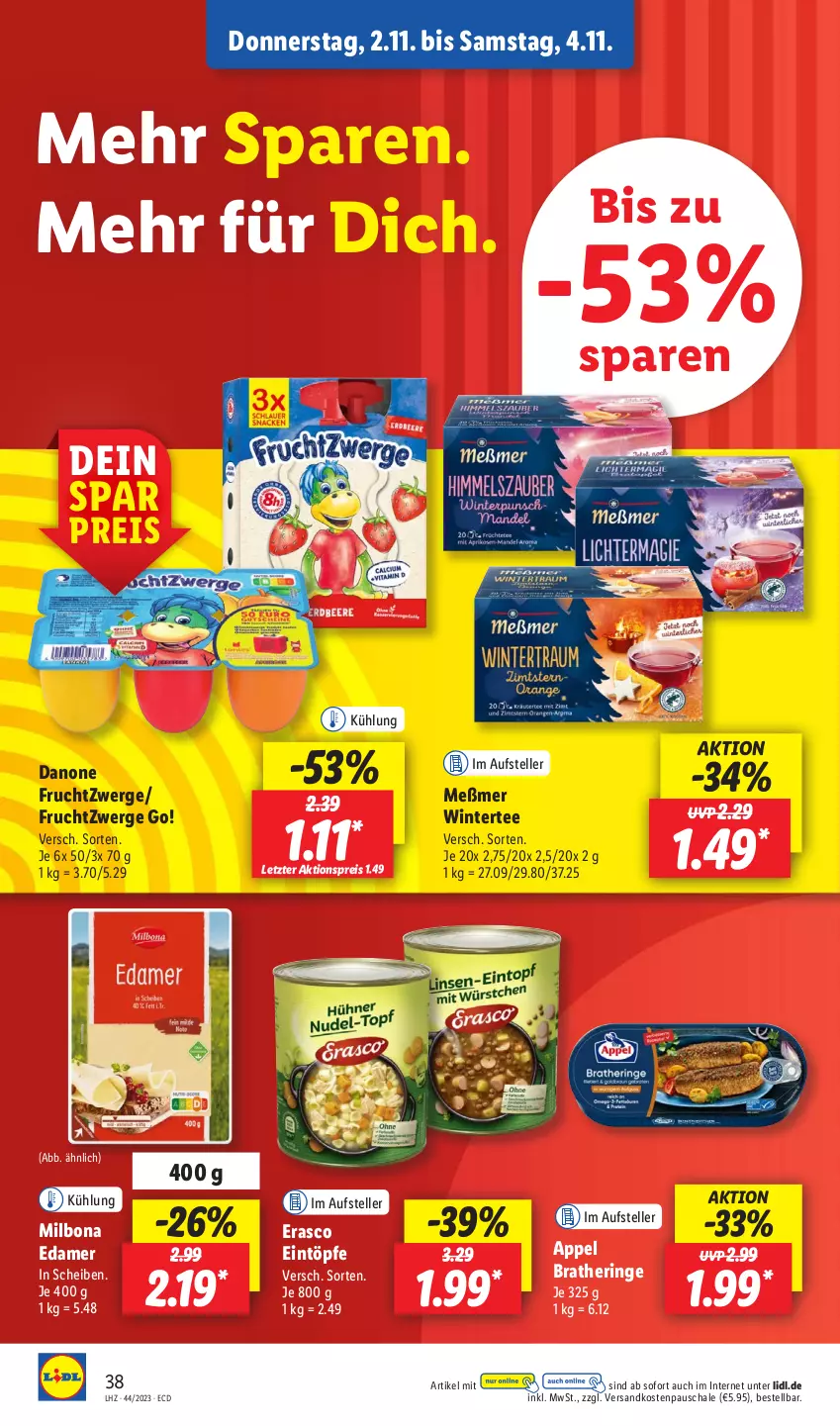 Aktueller Prospekt Lidl - Aktionsprospekt - von 30.10 bis 04.11.2023 - strona 52 - produkty: aktionspreis, Bona, Bratheringe, danone, danone fruchtzwerge, edamer, eintöpfe, eis, elle, erasco, frucht, fruchtzwerge, hering, Meßmer, Milbona, ndk, reis, ring, Schal, Schale, tee, teller, Ti, ZTE