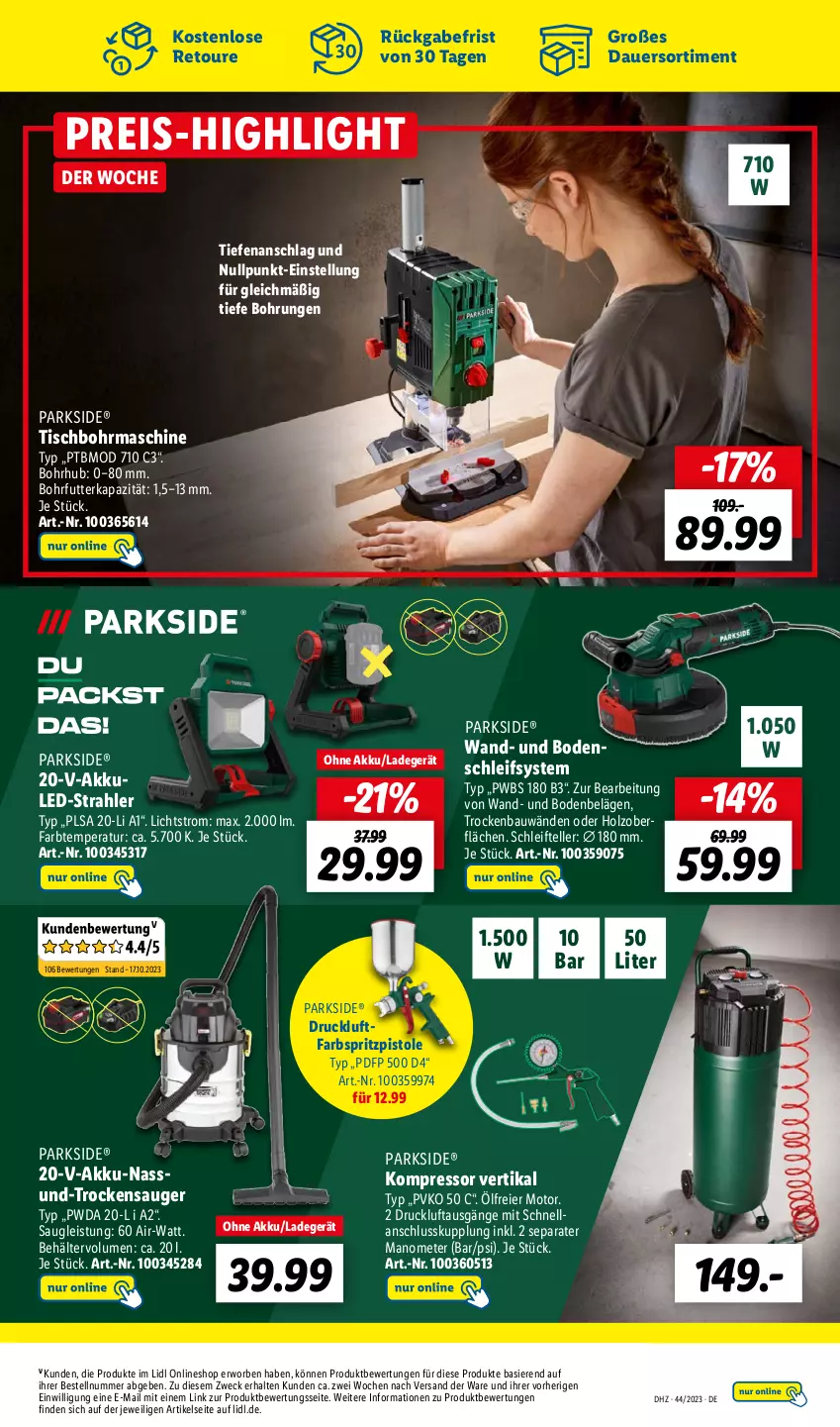 Aktueller Prospekt Lidl - Aktionsprospekt - von 30.10 bis 04.11.2023 - strona 57 - produkty: akku, auer, Bau, Behälter, eier, eis, elle, Holz, kompressor, ladegerät, Parkside, reis, teller, Ti, tisch, Tischbohrmaschine, Trockensauger, weck