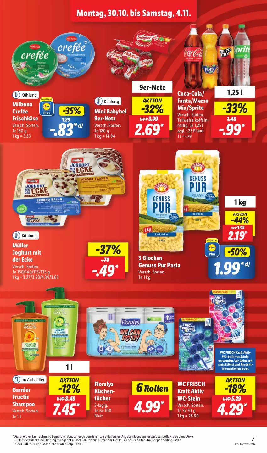 Aktueller Prospekt Lidl - Aktionsprospekt - von 30.10 bis 04.11.2023 - strona 9 - produkty: angebot, babybel, Bona, coca-cola, cola, coupon, eis, elle, fanta, Floralys, frischkäse, fructis, garnier, joghur, joghurt, joghurt mit der ecke, Käse, kraft, küche, Küchen, küchentücher, Mezzo Mix, Milbona, mini babybel, Müller, nuss, pasta, Rauch, reis, rwe, shampoo, sprite, teller, Ti, tücher, wc frisch, WC Frisch Kraft Aktiv, ZTE