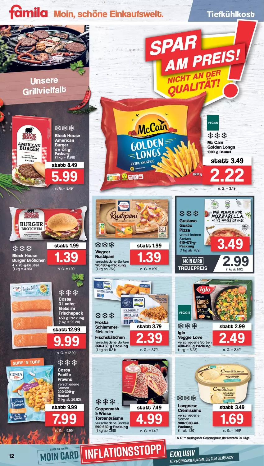 Aktueller Prospekt Famila - Prospekte - von 29.08 bis 03.09.2022 - strona 12 - produkty: beutel, brötchen, burger, Cif, coppenrath, cremissimo, eis, filet, filets, fisch, fischstäbchen, frosta, Golden Longs, grill, iglo, lachs, lachsfilet, lachsfilets, langnese, langnese cremissimo, mc cain, pizza, prawns, reis, rustipani, schlemmerfilet, sim, Ti, tiefkühlkost, torte, veggie, Veggie Love, wagner, ZTE