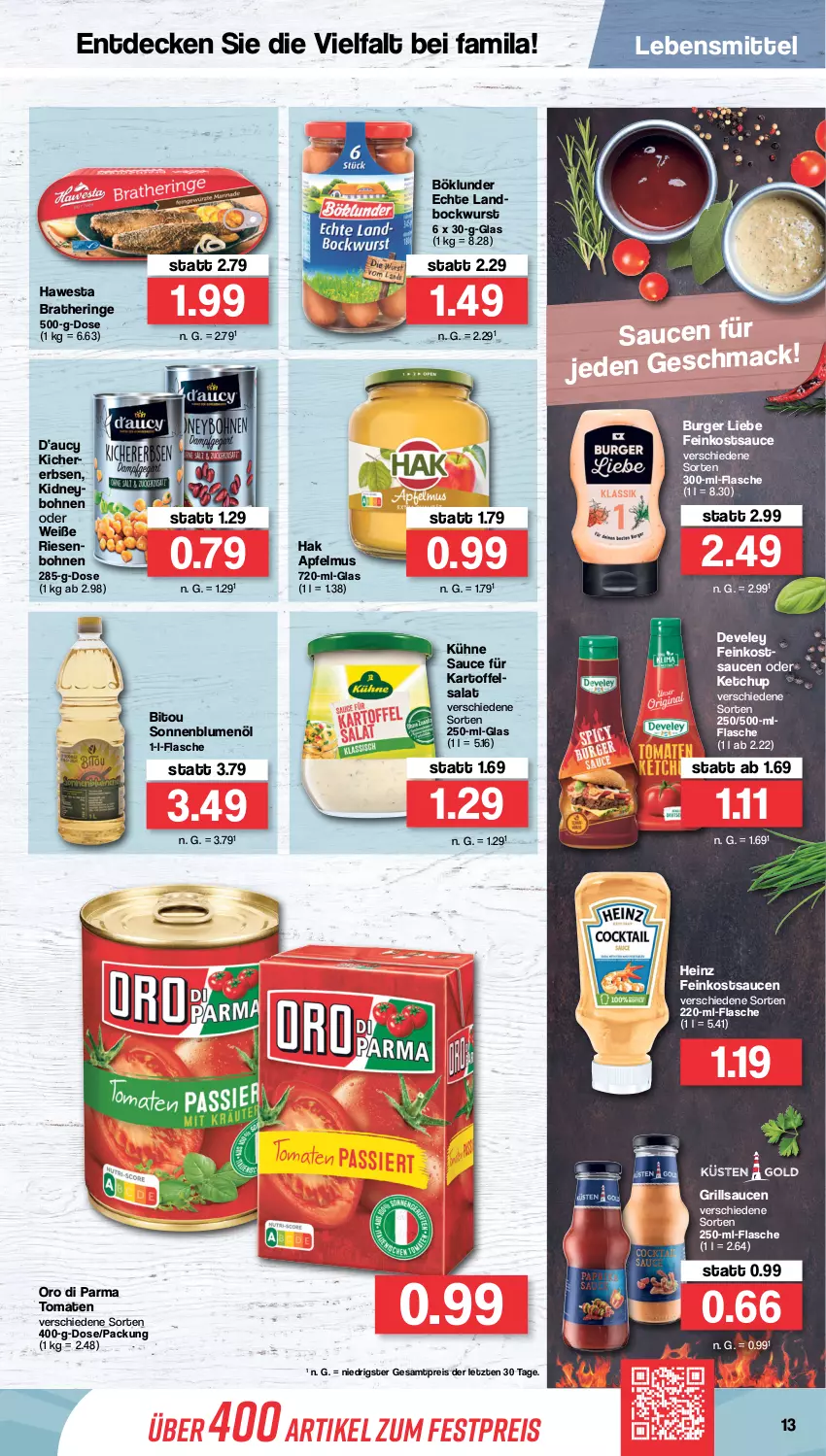 Aktueller Prospekt Famila - Prospekte - von 29.08 bis 03.09.2022 - strona 13 - produkty: apfel, apfelmus, blume, blumen, blumenöl, bockwurst, bohne, bohnen, böklunder, Bratheringe, burger, decke, develey, eis, erbsen, feinkost, flasche, grill, grillsauce, hawesta, heinz, hering, kartoffel, kartoffelsalat, ketchup, kichererbsen, kidney, Kühne, lebensmittel, mac, oro di parma, reis, ring, salat, sauce, saucen, sonnenblume, sonnenblumen, sonnenblumenöl, Ti, tomate, tomaten, wurst, ZTE