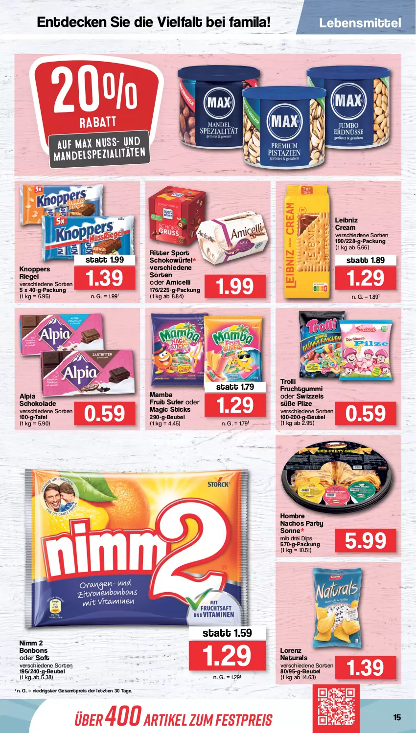 Aktueller Prospekt Famila - Prospekte - von 29.08 bis 03.09.2022 - strona 15 - produkty: alpia, amicelli, beutel, bonbons, decke, dip, eis, frucht, fruchtgummi, knoppers, lebensmittel, leibniz, lorenz, mam, mandel, nacho, Nachos, natur, natura, Nimm 2, nuss, reis, riegel, ritter, ritter sport, schoko, schokolade, schokowürfel, Spezi, Sport, Ti, trolli, trolli fruchtgummi, würfel, ZTE