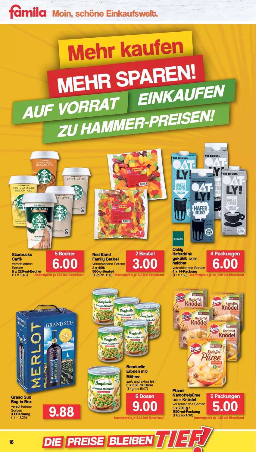 Aktueller Prospekt Famila - Prospekte - von 29.08 bis 03.09.2022 - strona 16 - produkty: Becher, beutel, bonduelle, drink, eis, elle, erbsen, grand sud, hafer, Haferdrink, kartoffel, Kartoffelpüree, Knödel, möhren, pfanni, püree, reis, starbucks