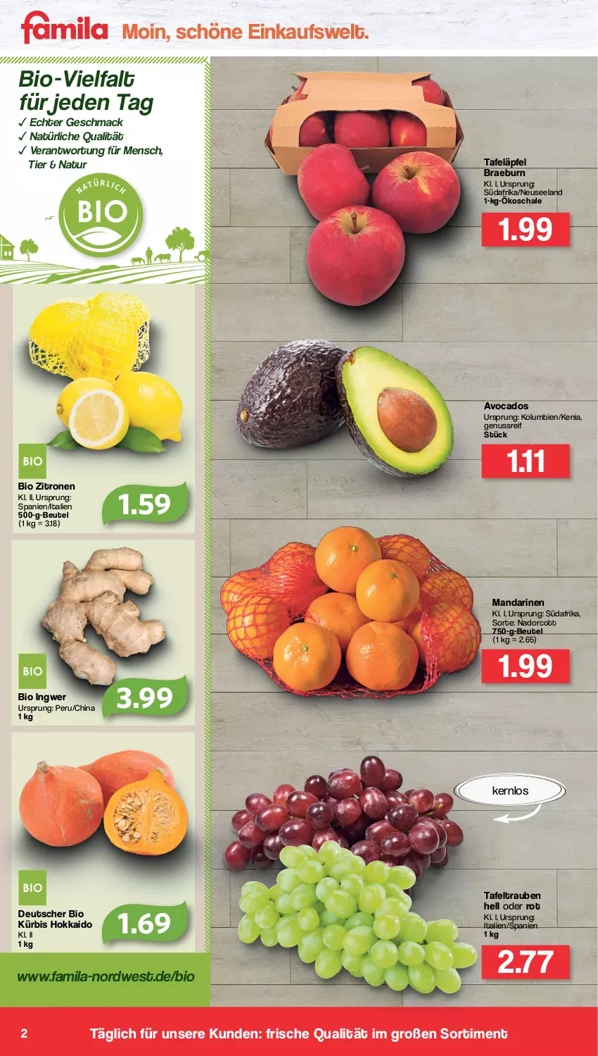 Aktueller Prospekt Famila - Prospekte - von 29.08 bis 03.09.2022 - strona 2 - produkty: avocado, avocados, beutel, bio, Elan, ingwer, Kürbis, mac, mandarine, mandarinen, natur, nuss, Schal, Schale, tafeläpfel, tafeltrauben, Ti, trauben, zitrone, zitronen