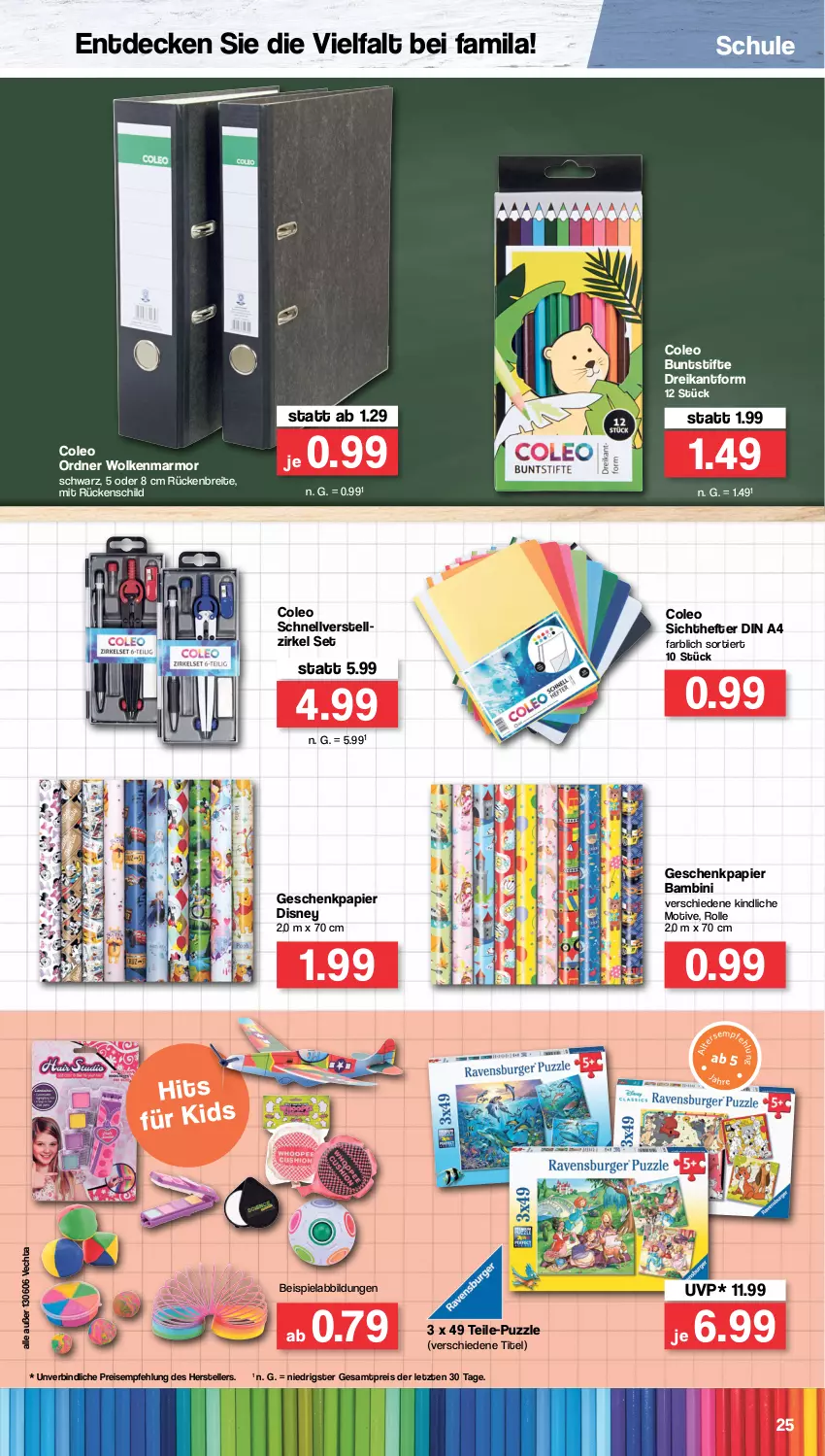 Aktueller Prospekt Famila - Prospekte - von 29.08 bis 03.09.2022 - strona 25 - produkty: beispielabbildung, Brei, buntstifte, decke, din a4, disney, eis, elle, Geschenkpapier, Hefte, ordner, papier, Puzzle, reis, stifte, teller, Ti, ZTE