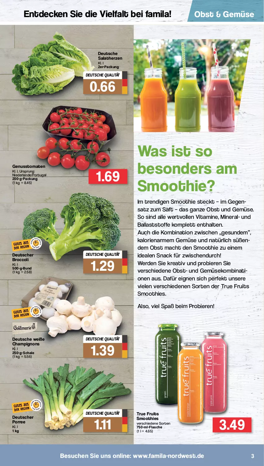 Aktueller Prospekt Famila - Prospekte - von 29.08 bis 03.09.2022 - strona 3 - produkty: ball, bier, Biere, broccoli, champignon, champignons, decke, erde, flasche, mac, nuss, obst, Obst und Gemüse, saft, salat, salatherzen, Schal, Schale, smoothie, smoothies, snack, Ti, tomate, tomaten, true fruits, und gemüse, vita, Vitamine