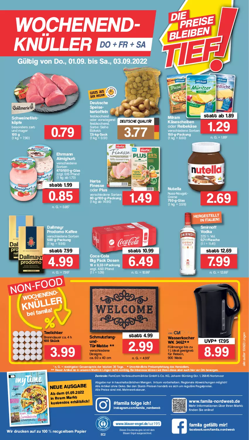 Aktueller Prospekt Famila - Prospekte - von 29.08 bis 03.09.2022 - strona 32 - produkty: almighur, almighurt, auer, coca-cola, cola, creme, dallmayr, dallmayr prodomo, drucker, ehrmann, ehrmann almighurt, eis, elle, Engel, filet, finesse, flasche, herta, herta finesse, kaffee, kartoffel, kartoffeln, Käse, käsescheiben, kerze, Kocher, küche, landküche, LG, milram, ndk, Nougatcreme, nuss, nutella, papier, prodomo, Rauch, regal, Reibekäse, reis, rwe, sac, schwein, schweine, schweinefilet, smirnoff, tee, Teelicht, teelichte, teller, Ti, vodka, wasser, wasserkocher, wein, weine, ZTE