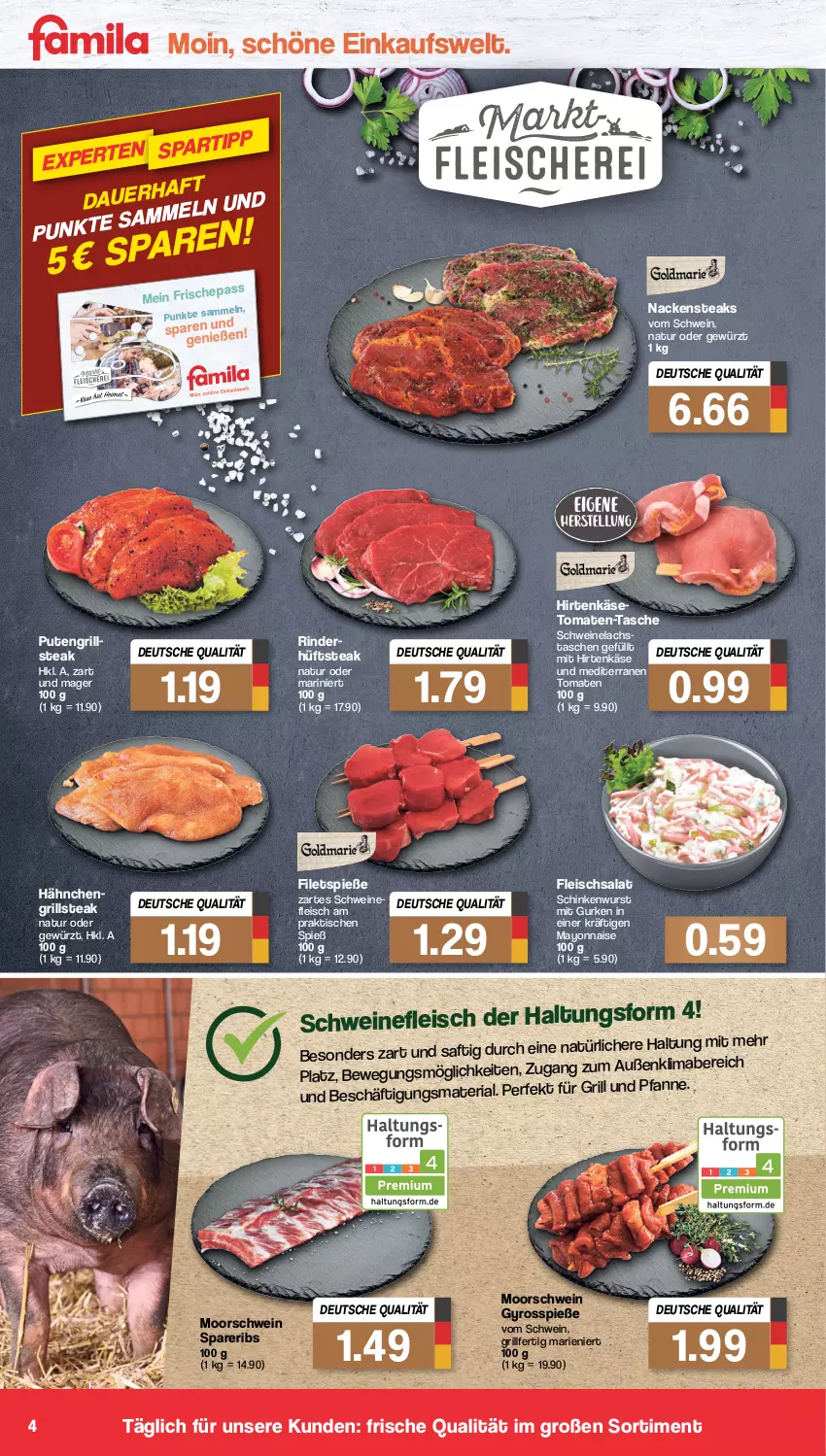 Aktueller Prospekt Famila - Prospekte - von 29.08 bis 03.09.2022 - strona 4 - produkty: eis, filet, filets, fleisch, fleischsalat, für grill und pfanne, gewürz, grill, grill und pfanne, gurke, gurken, gyros, hirtenkäse, hüftsteak, Käse, lachs, mab, mayonnaise, Nackensteak, nackensteaks, natur, pfanne, pute, Ria, rind, rinder, saft, salat, schinken, schinkenwurst, schwein, schweine, schweinefleisch, Schweinelachs, spareribs, steak, steaks, Tasche, taschen, Ti, tisch, tomate, tomaten, und pfanne, wein, weine, wurst, Yo