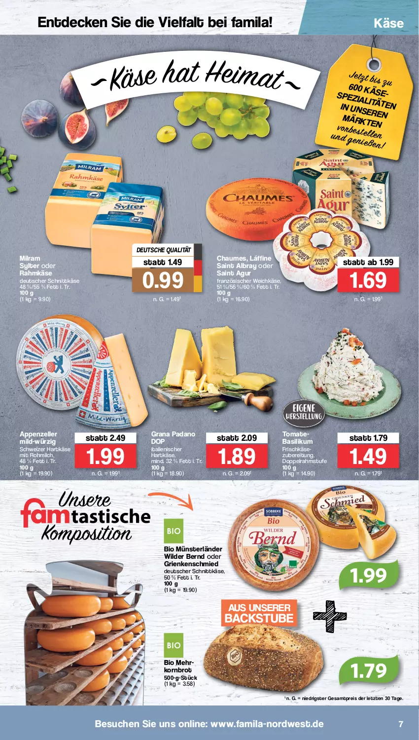 Aktueller Prospekt Famila - Prospekte - von 29.08 bis 03.09.2022 - strona 7 - produkty: albray, appenzeller, basilikum, bio, brot, chaumes, decke, deutscher schnittkäse, doppelrahmstufe, eis, elle, französischer weichkäse, frischkäse, grana, grana padano, Grienkenschmied, hartkäse, italienischer hartkäse, Käse, korn, Kornbrot, milch, milram, padano, Rana, reis, Saint Agur, saint albray, schnittkäse, schweizer hartkäse, Spezi, stube, Sylter, tomate, weichkäse, Wild, Wilder Bernd, ZTE