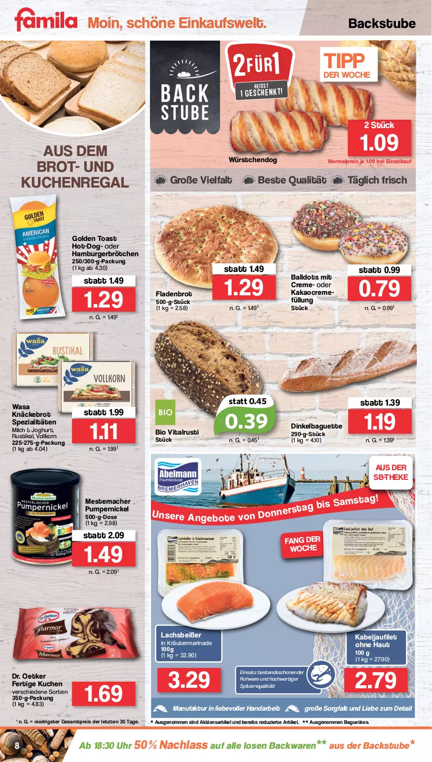 Aktueller Prospekt Famila - Prospekte - von 29.08 bis 03.09.2022 - strona 8 - produkty: backwaren, baguette, baguettes, ball, bio, brot, brötchen, burger, creme, Dr. Oetker, eis, Faktu, filet, Fladenbrot, golden toast, hamburger, joghur, joghurt, kabeljaufilet, kakao, knäckebrot, korn, kräuter, kuchen, lachs, mac, marinade, mestemacher, milch, Pumpernickel, regal, reis, Spezi, spitzenqualität, stube, Ti, toast, uhr, vita, wasa, würstchen, ZTE