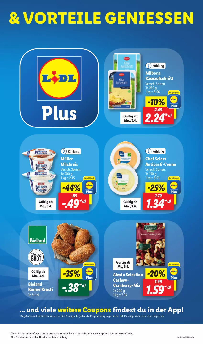 Aktueller Prospekt Lidl - Aktionsprospekt - von 03.04 bis 08.04.2023 - strona 11 - produkty: alesto, angebot, antipasti, asti, aufschnitt, bio, bioland, Bona, brot, Cashew, coupon, coupons, cranberry, creme, eis, Käse, Milbona, milch, milchreis, Müller, reis, Ti, ZTE