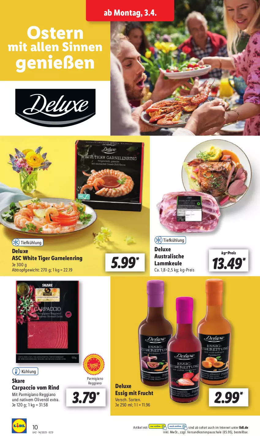 Aktueller Prospekt Lidl - Aktionsprospekt - von 03.04 bis 08.04.2023 - strona 12 - produkty: ACC, aust, Carpaccio, eis, essig, frucht, garnelen, lamm, lammkeule, mit frucht, ndk, olive, oliven, olivenöl, olivenöl extra, parmigiano, parmigiano reggiano, reggiano, reis, rind, ring, Schal, Schale, Ti