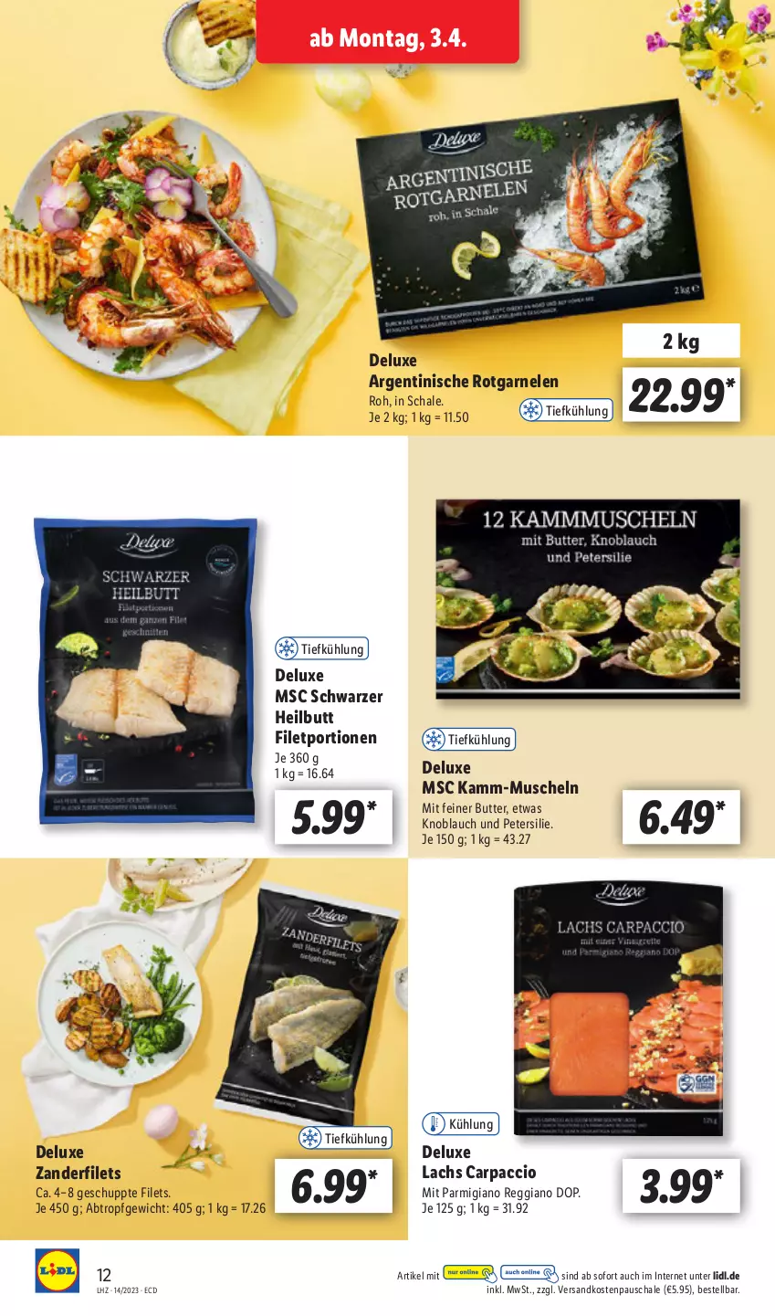 Aktueller Prospekt Lidl - Aktionsprospekt - von 03.04 bis 08.04.2023 - strona 14 - produkty: ACC, butter, Carpaccio, filet, filets, garnelen, knoblauch, lachs, Muscheln, ndk, parmigiano, parmigiano reggiano, petersilie, reggiano, Schal, Schale, Ti, Zander, Zanderfilets