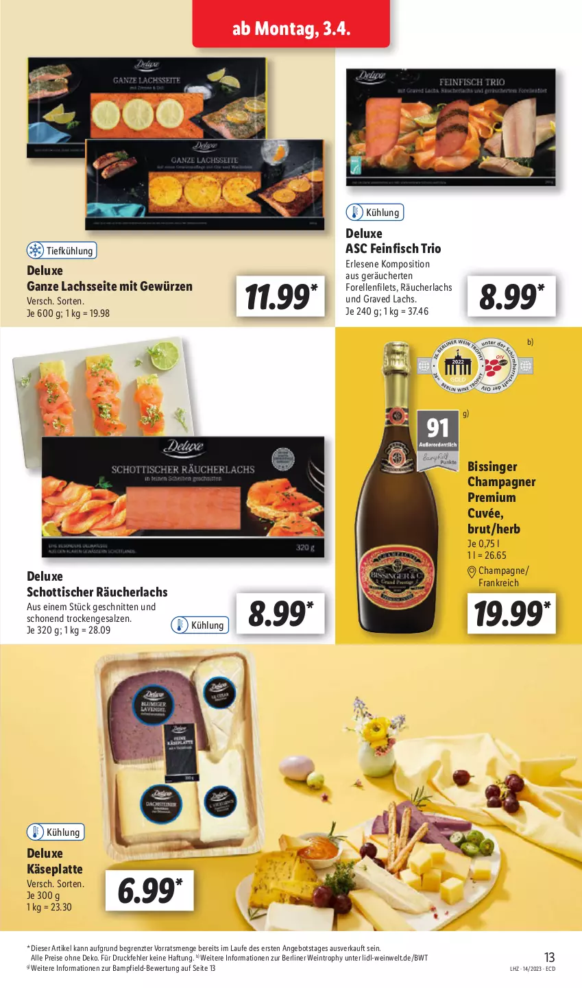 Aktueller Prospekt Lidl - Aktionsprospekt - von 03.04 bis 08.04.2023 - strona 15 - produkty: angebot, berliner, brut, champagne, champagner, cuvée, eis, elle, filet, filets, fisch, forelle, gewürz, Graved Lachs, Käse, lachs, latte, Räucherlachs, reis, rel, salz, schnitten, schott, Ti, tisch, wein, ZTE