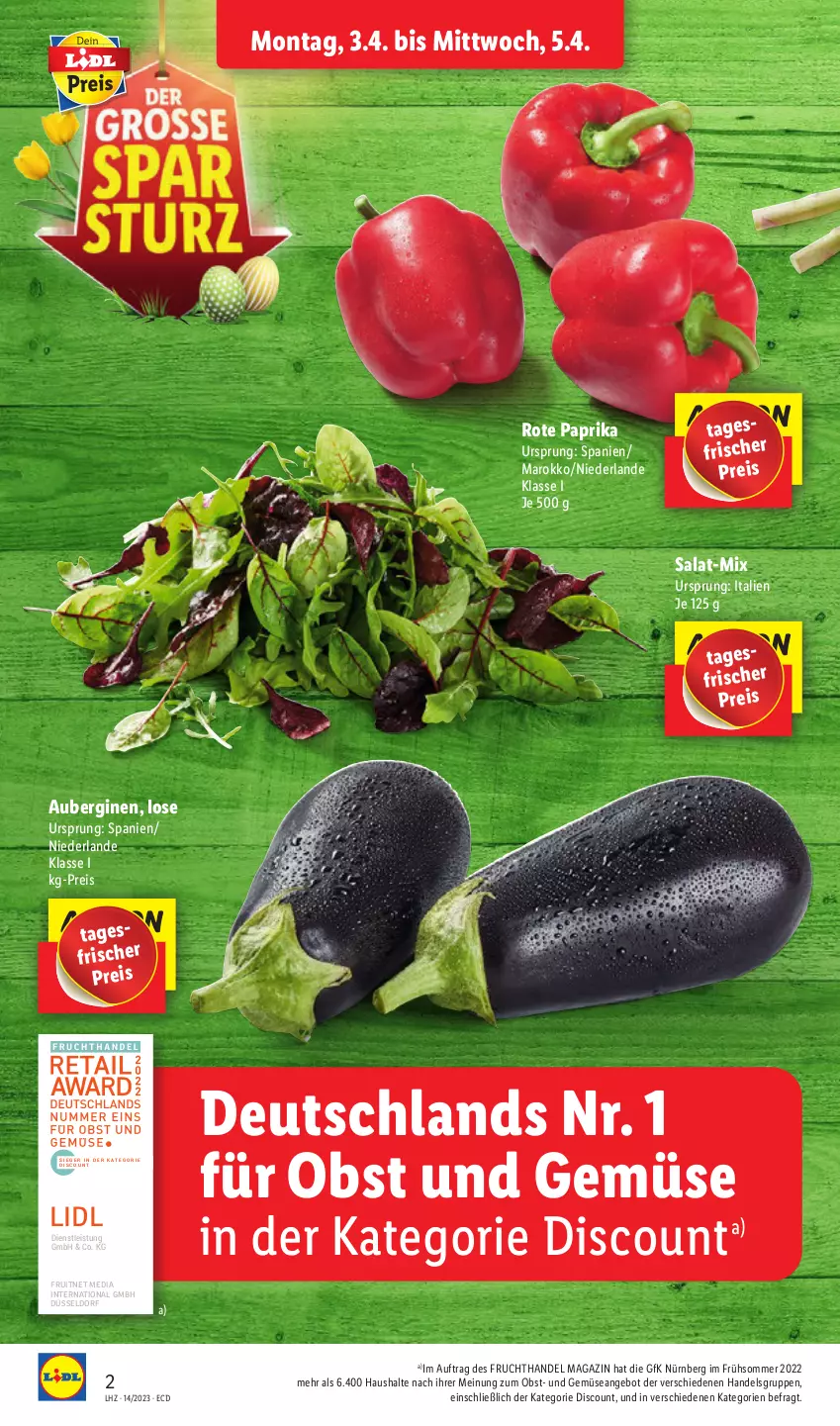 Aktueller Prospekt Lidl - Aktionsprospekt - von 03.04 bis 08.04.2023 - strona 2 - produkty: angebot, aubergine, auberginen, discount, eis, ente, frucht, gin, magazin, obst, Obst und Gemüse, paprika, reis, salat, Ti, und gemüse