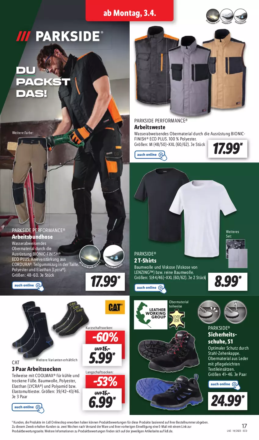 Aktueller Prospekt Lidl - Aktionsprospekt - von 03.04 bis 08.04.2023 - strona 21 - produkty: Arbeitssocken, Bau, baumwolle, bio, eis, Finish, hose, Kurzschaftsocken, lenzing, LG, Parkside, reine baumwolle, Ria, schuhe, shirt, shirts, socken, T-Shirt, Ti, Tiere, wasser, weck, Weste, wolle