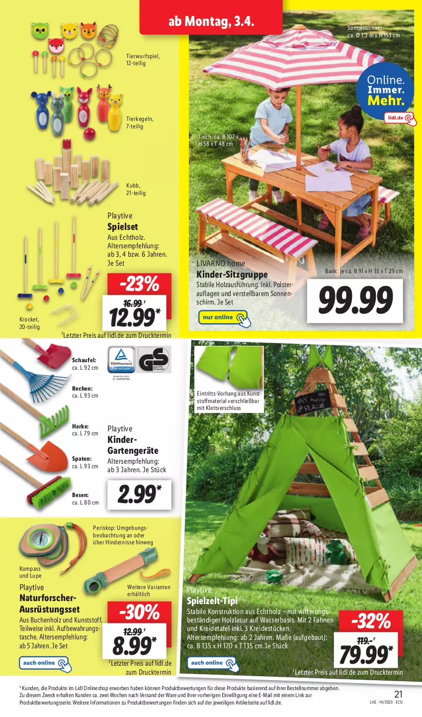 Aktueller Prospekt Lidl - Aktionsprospekt - von 03.04 bis 08.04.2023 - strona 25 - produkty: Bank, Bau, buch, eis, Garten, Holz, holzlasur, Kinder, Kreide, natur, reis, Ria, sonnenschirm, Spaten, Tasche, Ti, Tipi, tisch, wasser, weck, Zelt, ZTE