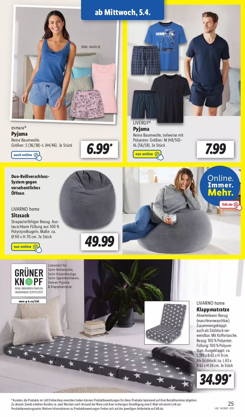 Aktueller Prospekt Lidl - Aktionsprospekt - von 03.04 bis 08.04.2023 - strona 29 - produkty: aust, Bau, baumwolle, bett, bettwäsche, eis, esmara, kissen, koffer, Kugel, livergy, matratze, Pyjama, reine baumwolle, rwe, sac, satin-bettwäsche, spannbettlaken, Tasche, Ti, weck, wolle