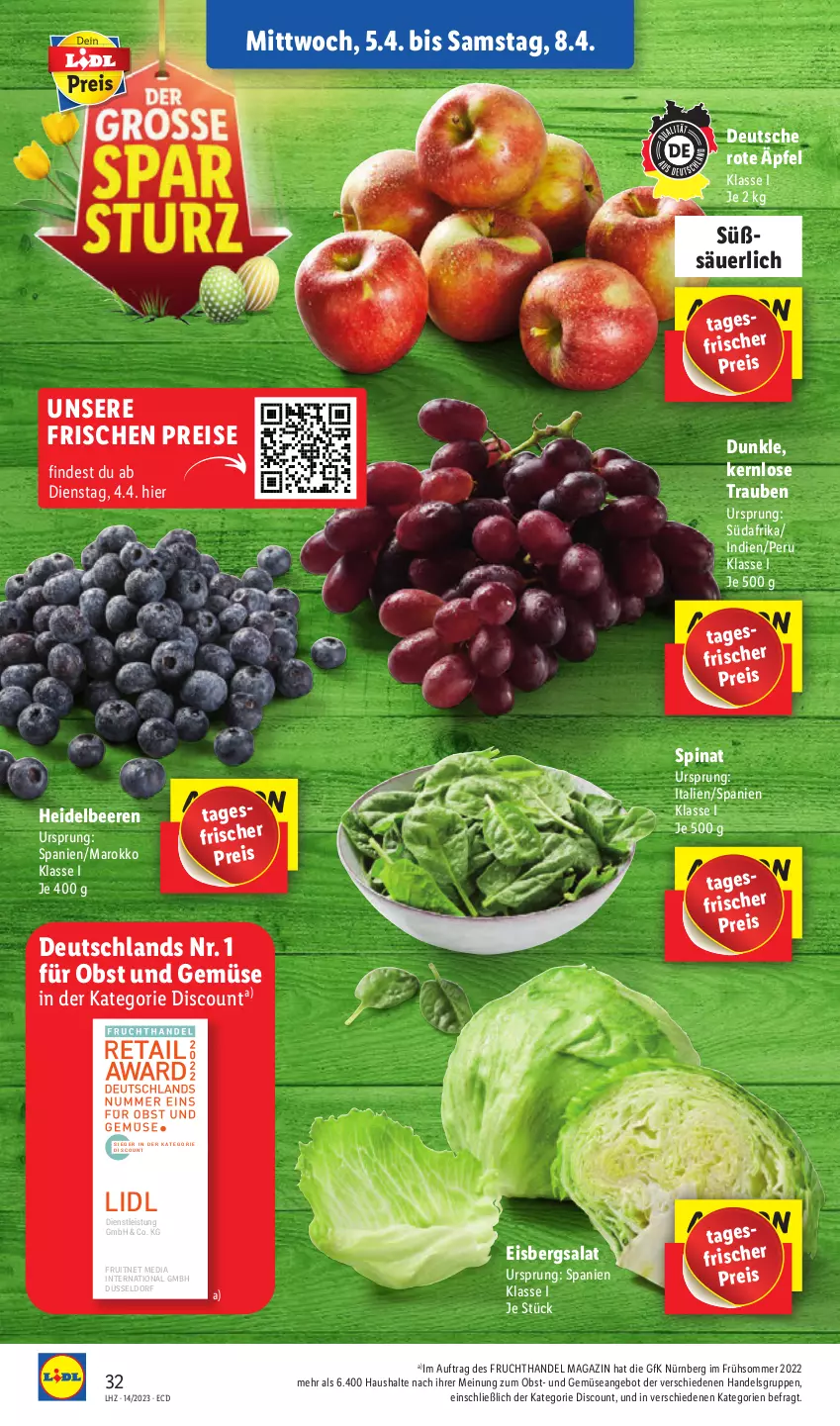 Aktueller Prospekt Lidl - Aktionsprospekt - von 03.04 bis 08.04.2023 - strona 36 - produkty: angebot, beere, beeren, discount, eis, eisbergsalat, ente, frucht, heidelbeere, heidelbeeren, magazin, obst, Obst und Gemüse, reis, salat, spinat, Ti, trauben, und gemüse