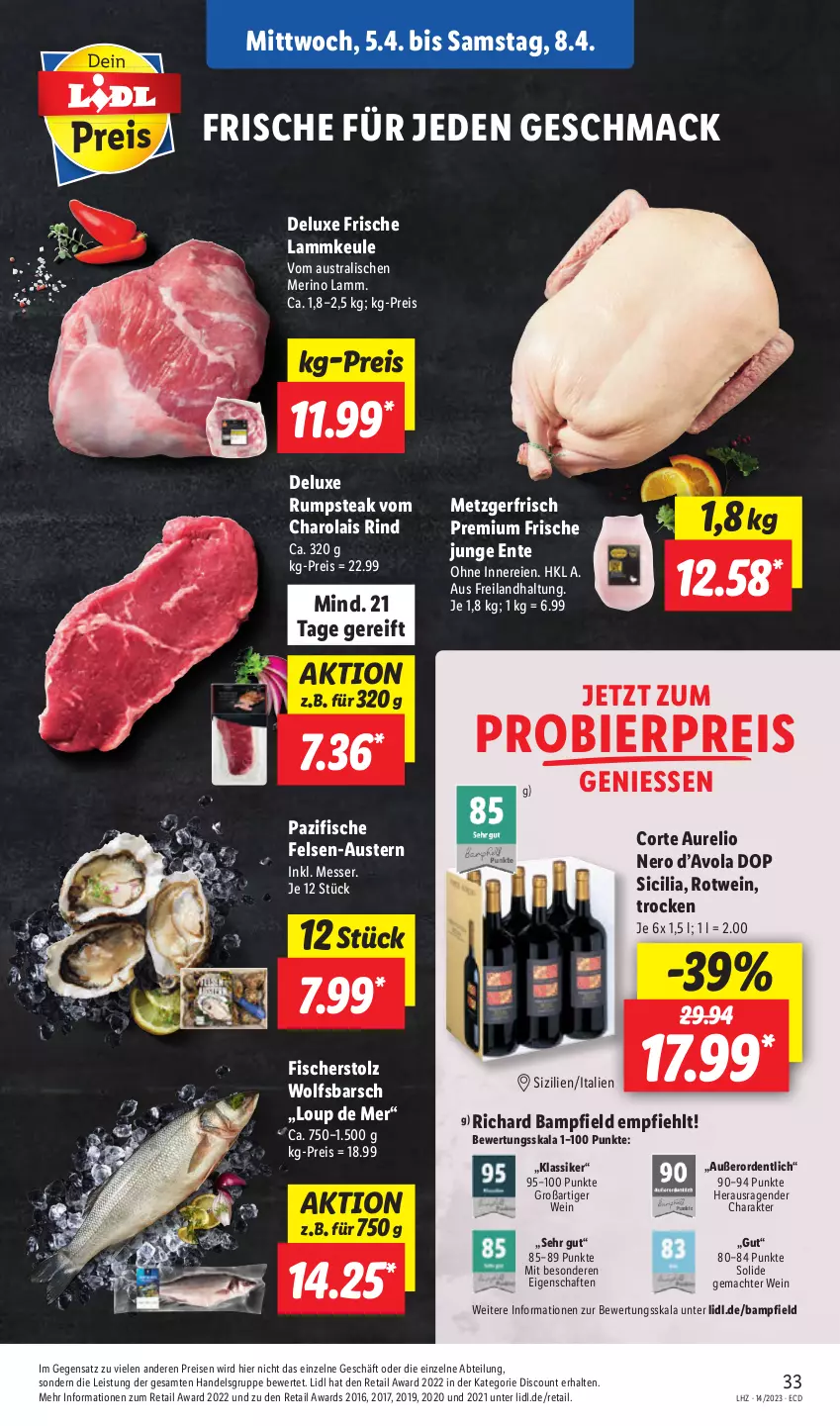 Aktueller Prospekt Lidl - Aktionsprospekt - von 03.04 bis 08.04.2023 - strona 37 - produkty: Abtei, aust, Austern, bier, discount, eis, ente, fisch, fische, Fischer, lamm, lammkeule, mac, messer, nero, reis, rel, rind, rotwein, rum, rumpsteak, steak, Ti, wein, wolfsbarsch