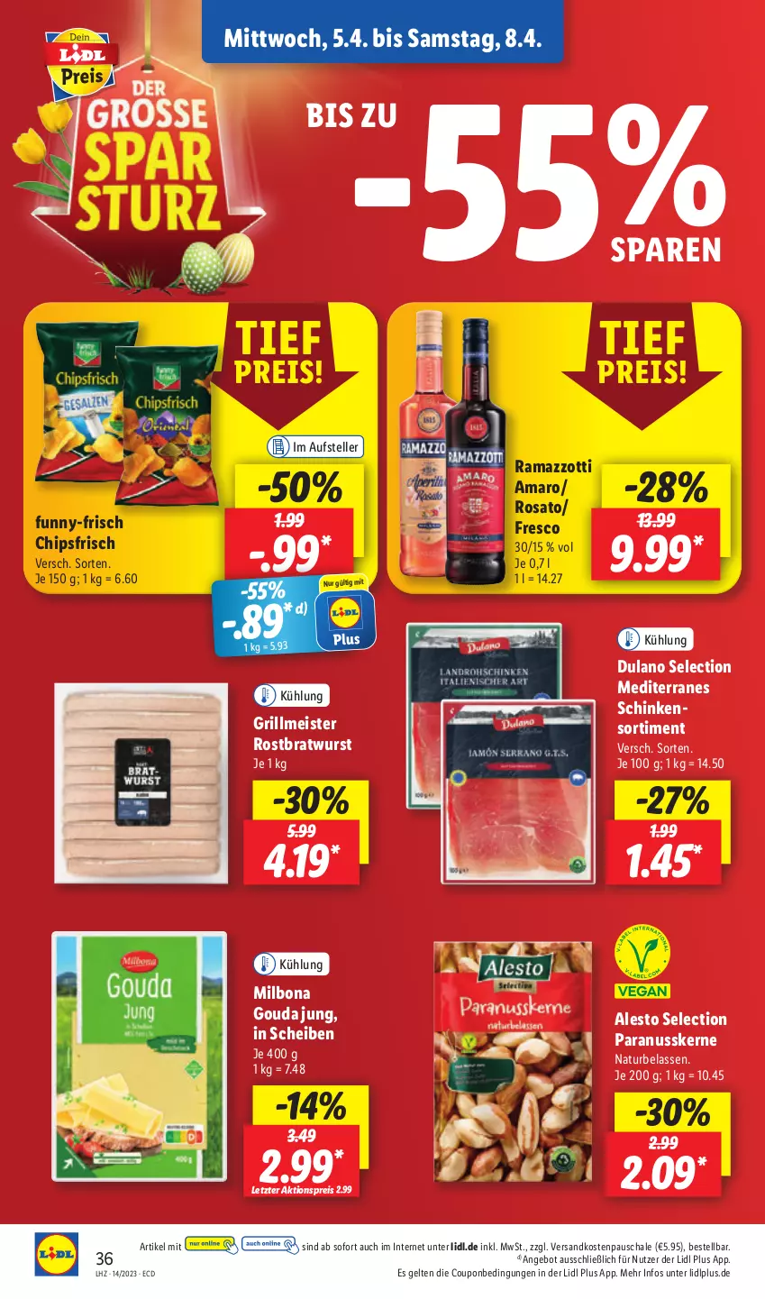 Aktueller Prospekt Lidl - Aktionsprospekt - von 03.04 bis 08.04.2023 - strona 42 - produkty: aktionspreis, alesto, amaro, angebot, Bona, bratwurst, chips, chipsfrisch, coupon, dulano, eis, elle, funny-frisch, gouda, gouda jung, grill, Meister, Milbona, natur, ndk, nuss, Paranusskerne, rama, ramazzott, ramazzotti, reis, rosato, rostbratwurst, Schal, Schale, schinken, teller, Ti, wurst, zott, ZTE