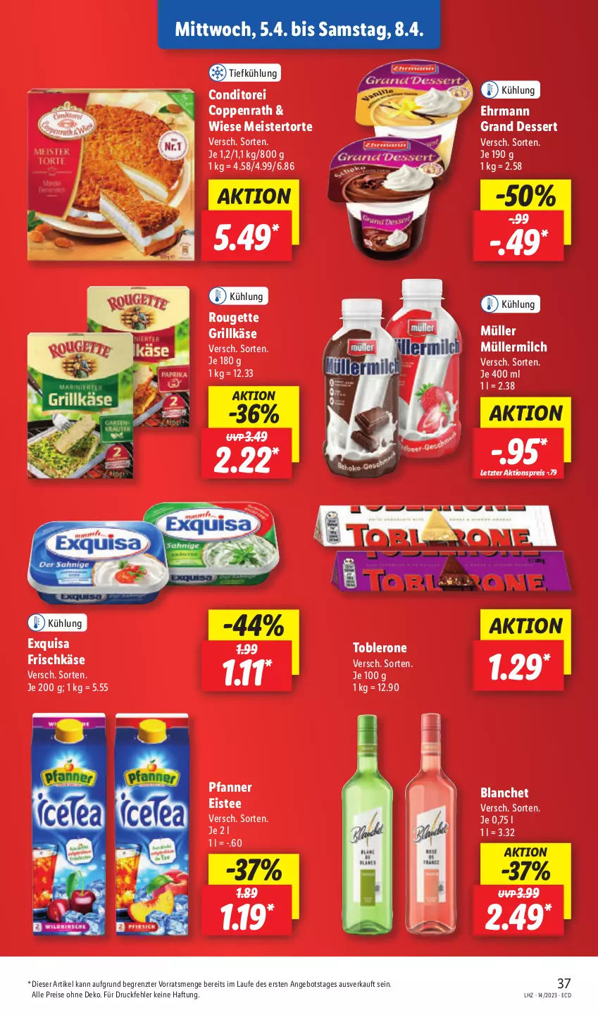 Aktueller Prospekt Lidl - Aktionsprospekt - von 03.04 bis 08.04.2023 - strona 43 - produkty: aktionspreis, angebot, coppenrath, dessert, ehrmann, Ehrmann Grand Dessert, eis, eistee, exquisa, exquisa frischkäse, frischkäse, grill, Grillkäse, Käse, Meister, milch, Müller, müllermilch, pfanne, Pfanner, reis, rouge, rougette, tee, Ti, toblerone, torte, ZTE