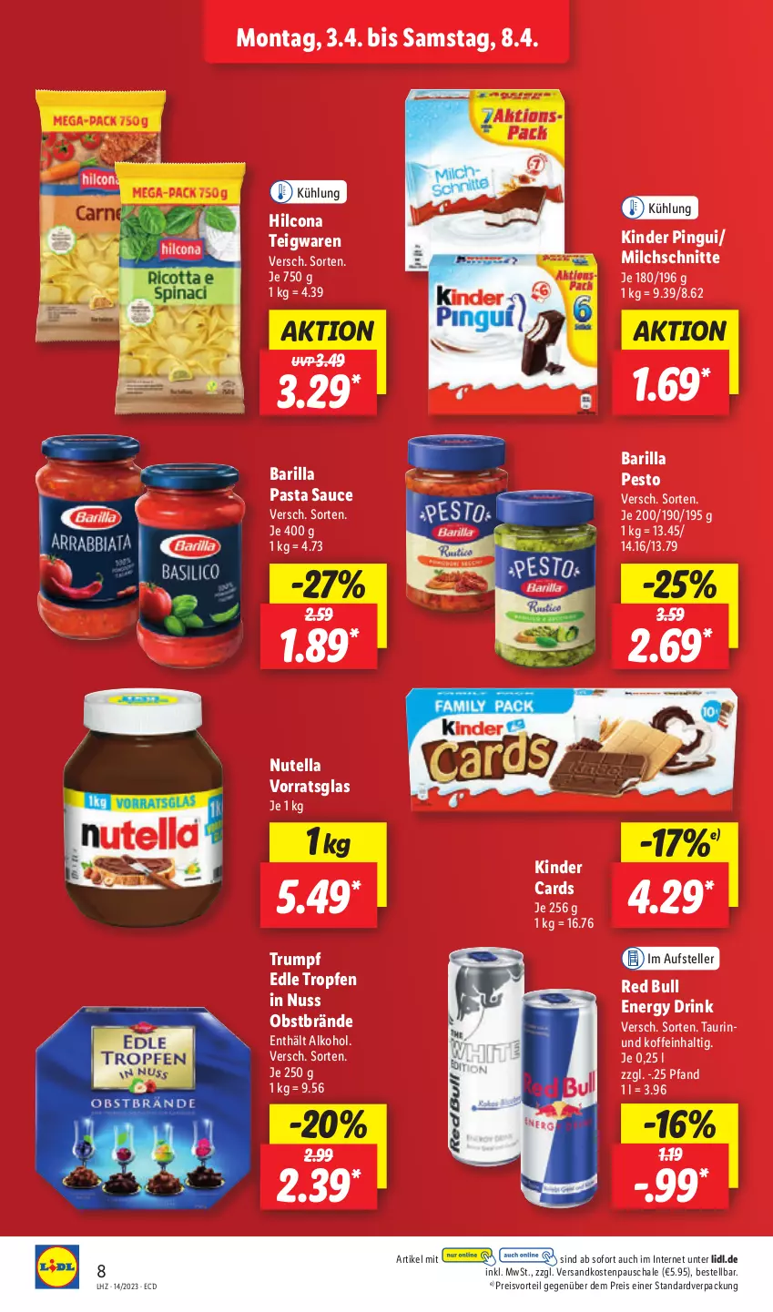 Aktueller Prospekt Lidl - Aktionsprospekt - von 03.04 bis 08.04.2023 - strona 8 - produkty: alkohol, barilla, drink, eis, elle, energy drink, hilcona, Kinder, kinder pingui, milch, Milchschnitte, ndk, nuss, nutella, obst, pasta, Pasta Sauce, pesto, pingui, preisvorteil, red bull, reis, rum, sauce, Schal, Schale, teigwaren, teller, Ti