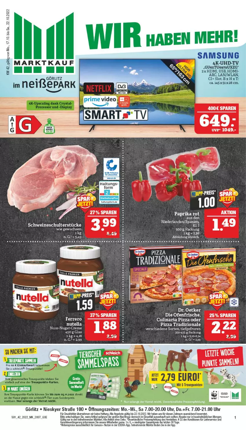 Aktueller Prospekt Marktkauf - Prospekt - von 16.10 bis 22.10.2022 - strona 1 - produkty: aktionspreis, angebot, angebote, bett, creme, culinaria, die ofenfrische, Dr. Oetker, eis, elle, ferrero, HDMI, lieferservice, nuss, nuss-nugat-creme, nutella, Ofen, paprika, paprika rot, pizza, pizza tradizionale, reis, Ria, Samsung, Schleich, schwein, schweine, tee, teller, tesa, Ti, tradizionale, uhd, UHD-TV, uhr, usb, wein, weine, ZTE