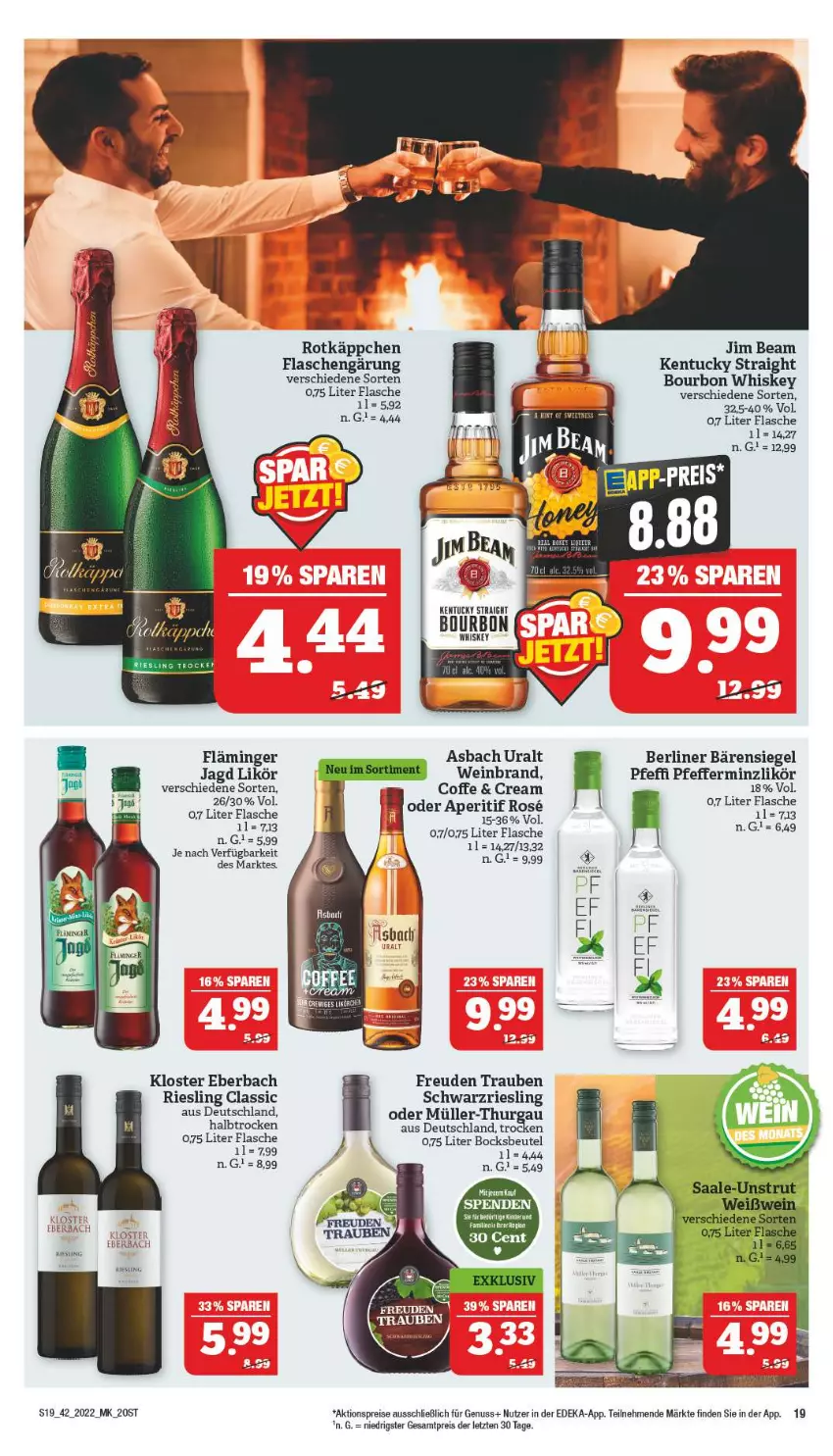 Aktueller Prospekt Marktkauf - Prospekt - von 16.10 bis 22.10.2022 - strona 19 - produkty: aktionspreis, aperitif, asbach uralt, berliner, beutel, bourbon, bourbon whiskey, deka, eis, flasche, hama, jim beam, kentucky straight, Kloster Eberbach, likör, Müller, nuss, pfeffer, pfefferminzlikör, reis, riesling, rotkäppchen, schwarzriesling, Ti, trauben, tuc, wein, weinbrand, whiskey, ZTE