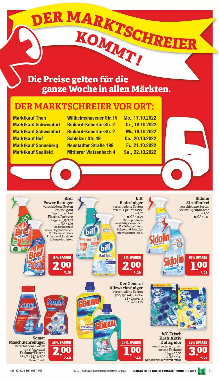 Aktueller Prospekt Marktkauf - Prospekt - von 16.10 bis 22.10.2022 - strona 21 - produkty: allzweckreiniger, Bad, biff, bio, biozidprodukte, Bref, bref power, eis, flasche, kraft, maschinenreiniger, Rauch, reifen, reiniger, reis, rwe, schwein, sidolin, somat, sprühflasche, Ti, wc frisch, WC Frisch Kraft Aktiv, weck, wein, ZTE