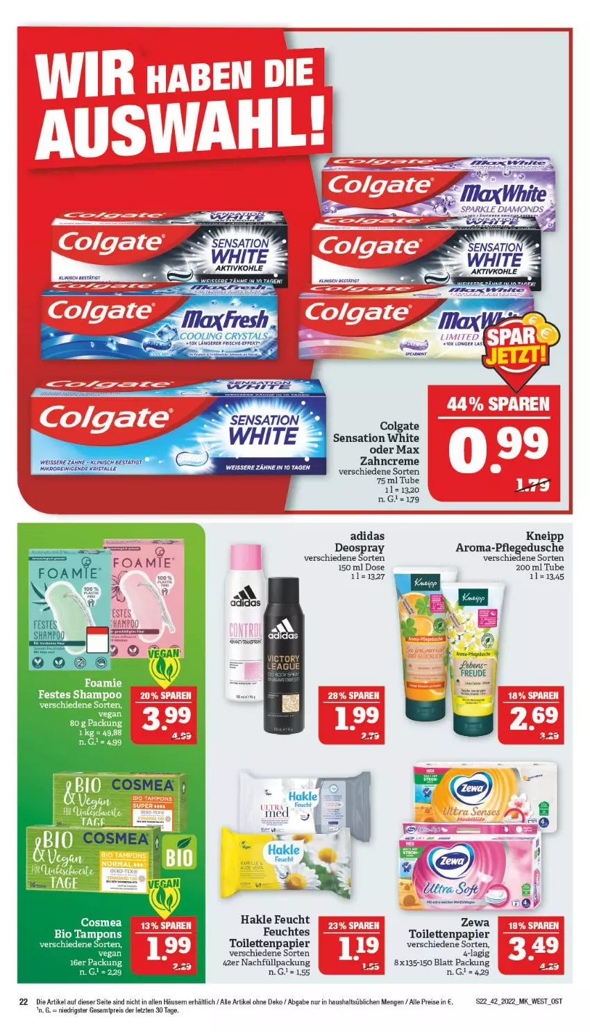 Aktueller Prospekt Marktkauf - Prospekt - von 16.10 bis 22.10.2022 - strona 22 - produkty: Adidas, bio, colgate, creme, deo, deospray, dusche, eis, feuchtes toilettenpapier, hakle, kneipp, LG, papier, pflegedusche, reis, shampoo, Tampon, tampons, Ti, toilettenpapier, zahncreme, zewa, ZTE