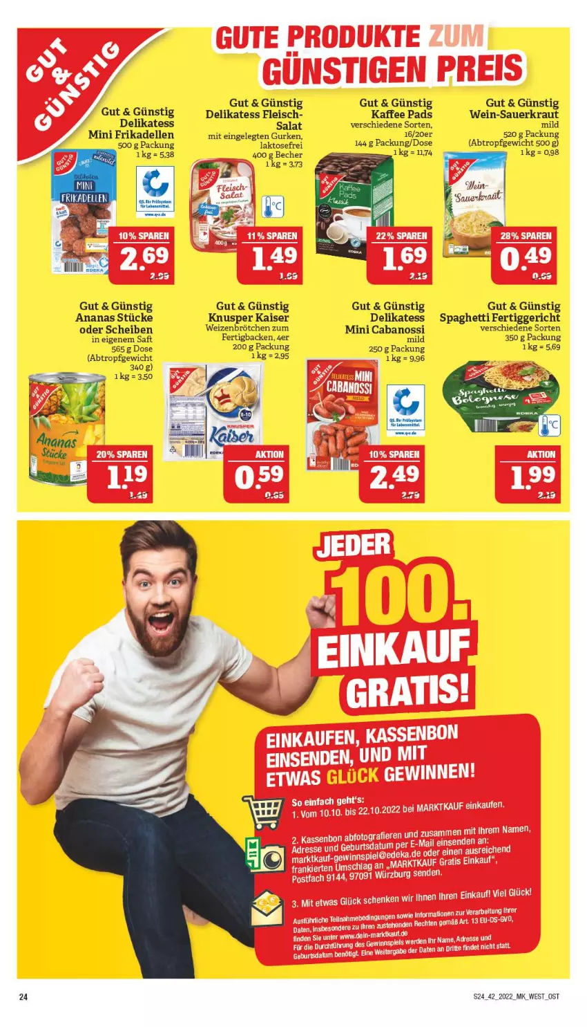 Aktueller Prospekt Marktkauf - Prospekt - von 16.10 bis 22.10.2022 - strona 24 - produkty: ananas, auer, Becher, brötchen, Cabanossi, dell, eis, elle, fertiggericht, fleisch, frikadellen, gurke, gurken, kaffee, Kaiser, Kraut, saft, salat, Sauerkraut, spaghetti, Ti, wein, weizenbrötchen