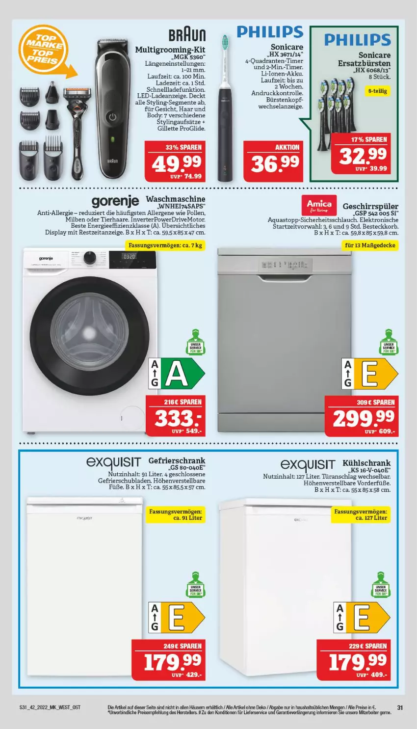 Aktueller Prospekt Marktkauf - Prospekt - von 16.10 bis 22.10.2022 - strona 31 - produkty: akku, aqua, aquastop, besteck, body, braun, bürste, bürsten, eis, Elan, Elektro, elle, ente, gefrierschrank, geschirr, geschirrspüler, gillette, korb, kühlschrank, lieferservice, Multigroom, Philips, quad, reis, schlauch, schnellladefunktion, Schrank, schubladen, sonicare, teller, Ti, timer, türanschlag wechselbar, waschmaschine