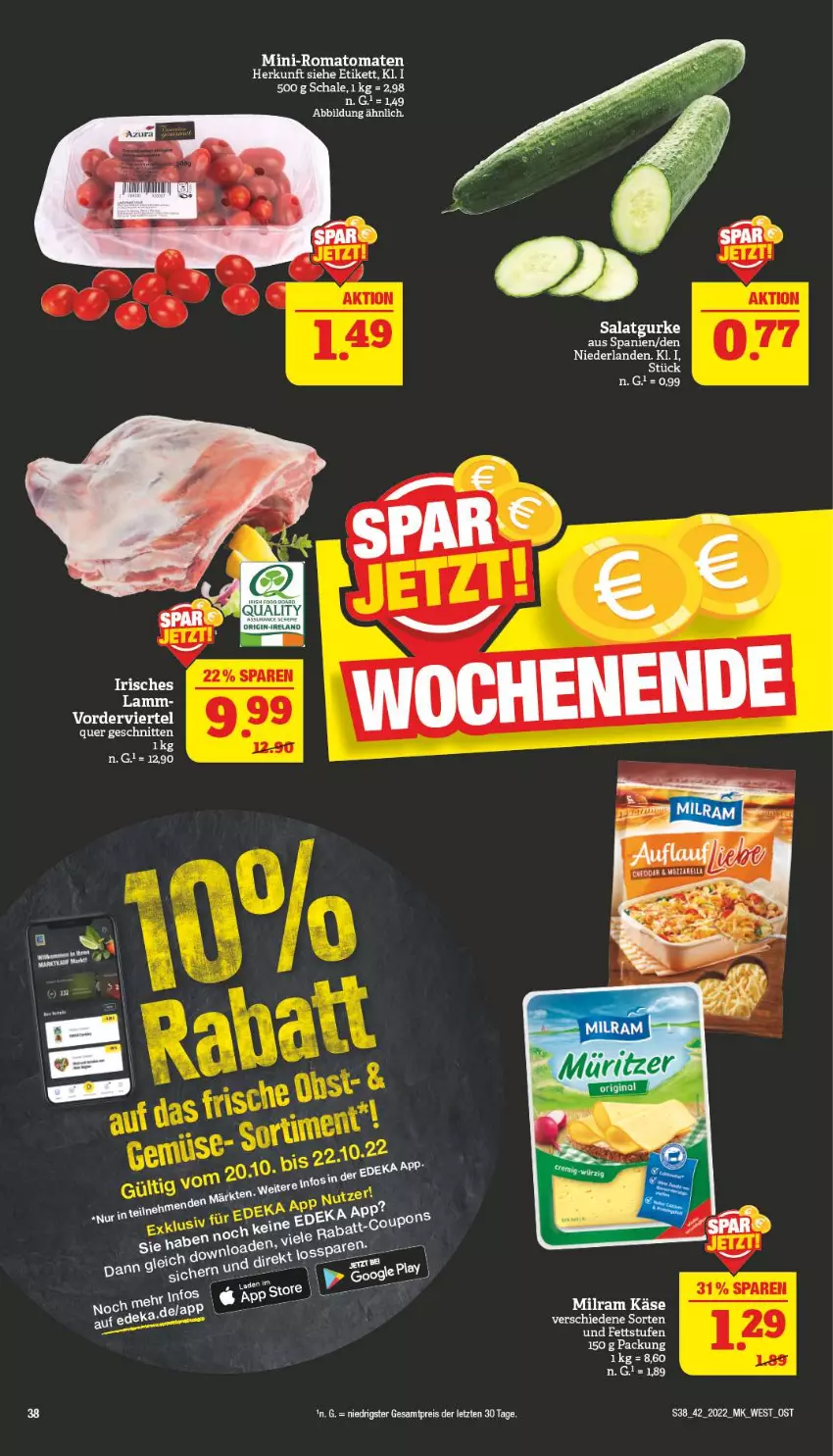 Aktueller Prospekt Marktkauf - Prospekt - von 16.10 bis 22.10.2022 - strona 38 - produkty: eis, gurke, Käse, milram, reis, Romatomaten, salat, Salatgurke, Schal, Schale, schnitten, tomate, tomaten, ZTE