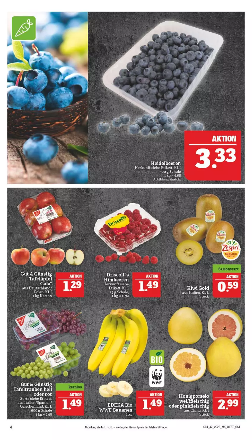 Aktueller Prospekt Marktkauf - Prospekt - von 16.10 bis 22.10.2022 - strona 4 - produkty: arla, banane, bananen, beere, beeren, bio, deka, edeka bio, eis, fleisch, heidelbeere, heidelbeeren, honig, Honigpomelo, kiwi, Kiwi Gold, Pomelo, reis, rel, Schal, Schale, tafeläpfel, tafeltrauben, Ti, trauben, ZTE