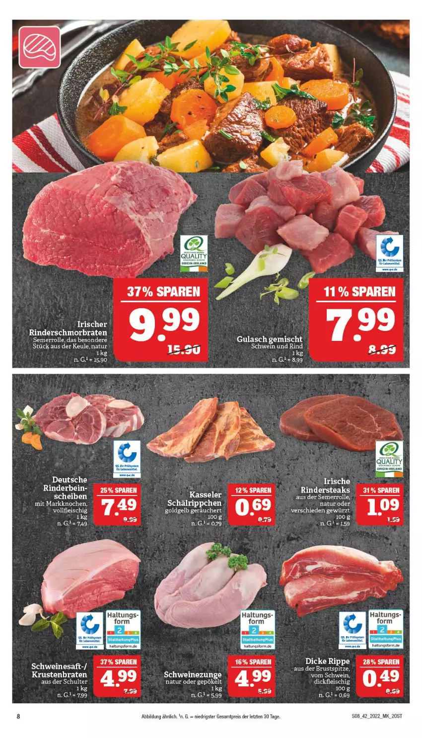 Aktueller Prospekt Marktkauf - Prospekt - von 16.10 bis 22.10.2022 - strona 8 - produkty: braten, eis, fleisch, gewürz, gulasch, kasseler, natur, reis, rind, rinder, schmorbraten, schwein, schwein und rind, schweine, Schweinezunge, wein, weine, ZTE