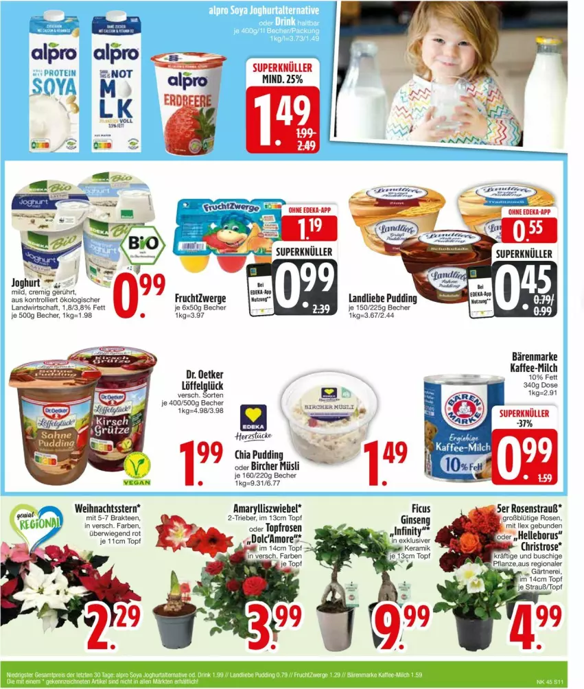 Aktueller Prospekt Edeka - Prospekte - von 04.11 bis 09.11.2024 - strona 11 - produkty: bärenmarke, Becher, chia, Dr. Oetker, frucht, fruchtzwerge, gin, joghur, joghurt, kaffee, landliebe, LG, Löffel, milch, müsli, pflanze, pudding, rosen, tee, Ti, topf, trolli, Weihnachtsstern