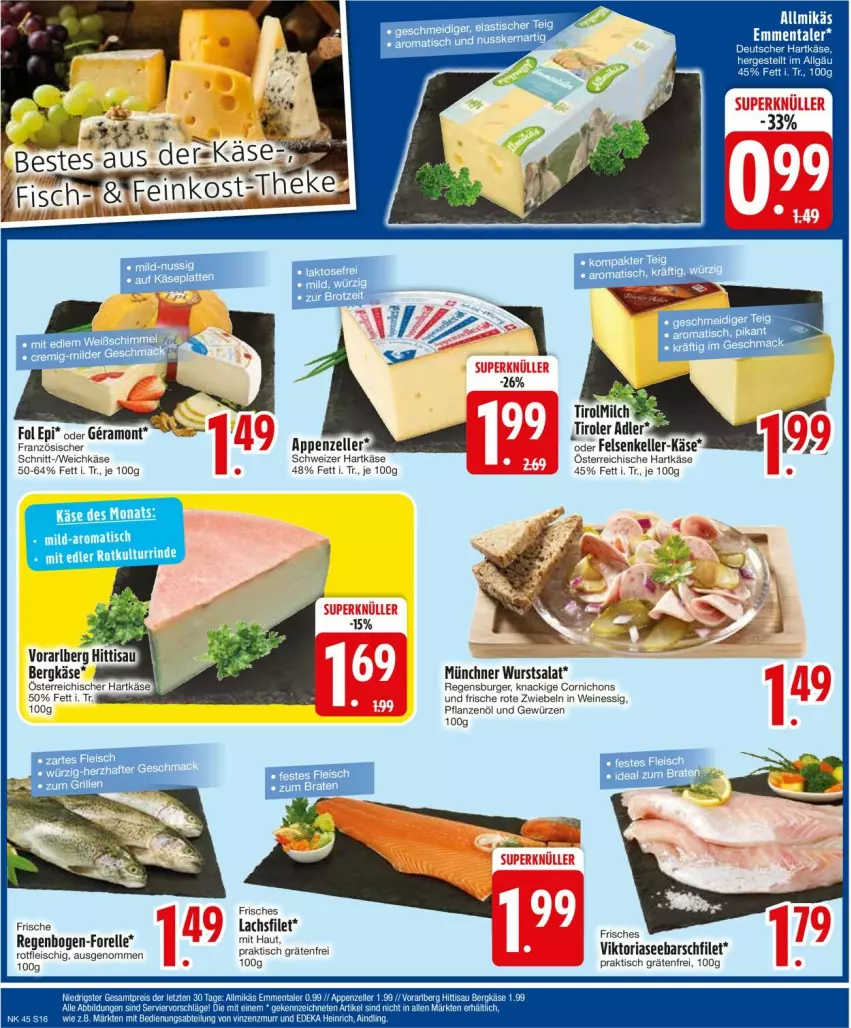 Aktueller Prospekt Edeka - Prospekte - von 04.11 bis 09.11.2024 - strona 16 - produkty: appenzeller, Bau, burger, eis, elle, essig, filet, fleisch, fol epi, forelle, gewürz, hartkäse, Käse, lachs, lachsfilet, mac, pflanze, pflanzen, Pflanzenöl, regensburger, rel, Ria, Rote Zwiebel, salat, schweizer hartkäse, Ti, tisch, usb, weichkäse, wein, weine, wurst, zwiebel, zwiebeln