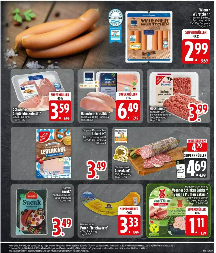 Aktueller Prospekt Edeka - Prospekte - von 04.11 bis 09.11.2024 - strona 17 - produkty: brustfilet, deka, eis, ente, filet, fleisch, fleischwurst, hähnchen-brustfilet, im zarten saitling, pute, reis, salami, spee, spitzenqualität, Sucuk, tee, Ti, wein, weine, wiener, wiener würstchen, wurst, würstchen