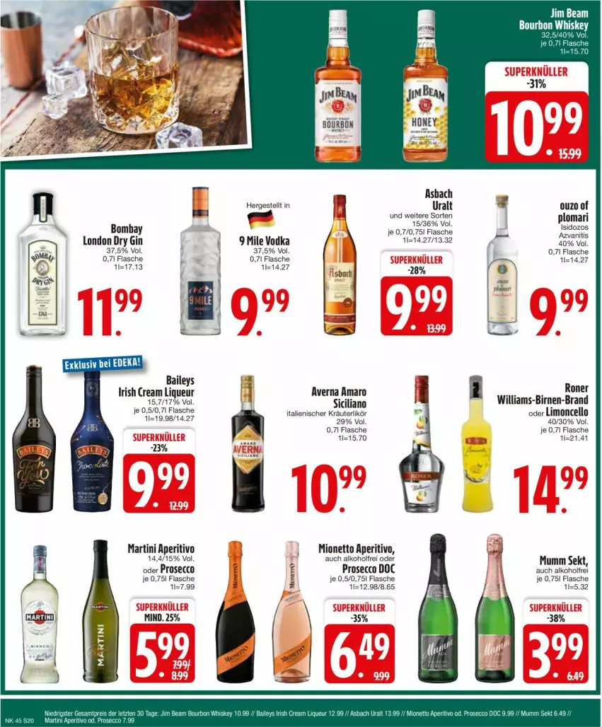 Aktueller Prospekt Edeka - Prospekte - von 04.11 bis 09.11.2024 - strona 20 - produkty: alkohol, amaro, averna, baileys, Birnen, dry gin, ecco, flasche, gin, irish cream, kräuter, kräuterlikör, likör, limo, liqueur, london dry, london dry gin, martini, mionetto, mumm, ouzo, prosecco, sekt, Ti, vodka