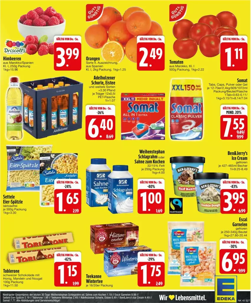 Aktueller Prospekt Edeka - Prospekte - von 04.11 bis 09.11.2024 - strona 27 - produkty: adelholzener, Becher, beutel, Cap, eier, eis, eistee, flasche, Holz, honig, mandel, mandeln, pet-flasche, sahne, schlagrahm, schoko, schokolade, schorle, somat, tee, teekanne, Ti, weihenstephan