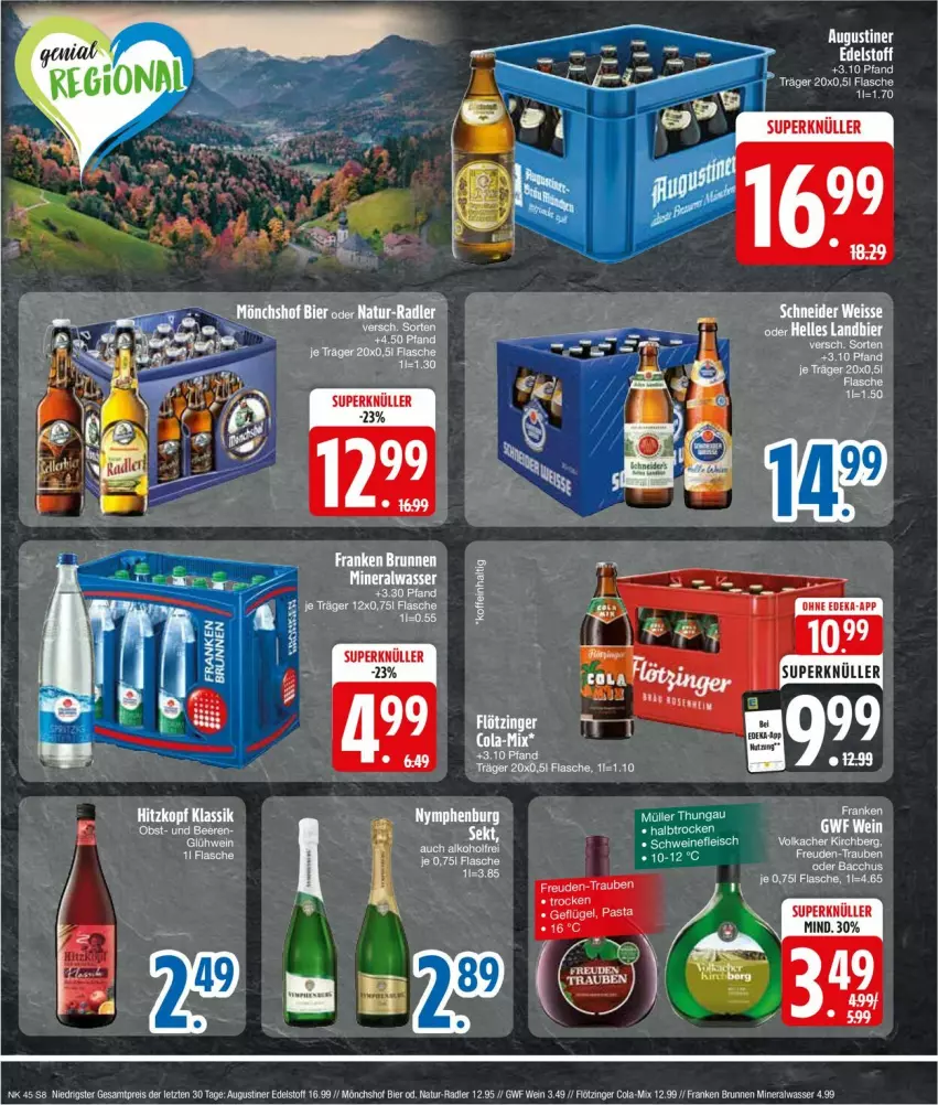 Aktueller Prospekt Edeka - Prospekte - von 04.11 bis 09.11.2024 - strona 8 - produkty: ACC, Alwa, Augustiner Edelstoff, bier, brunnen, cola, eis, flasche, franken brunnen, Glühwein, GPS, mineralwasser, mönchshof, natur, radler, reis, Ti, wasser, wein, ZTE