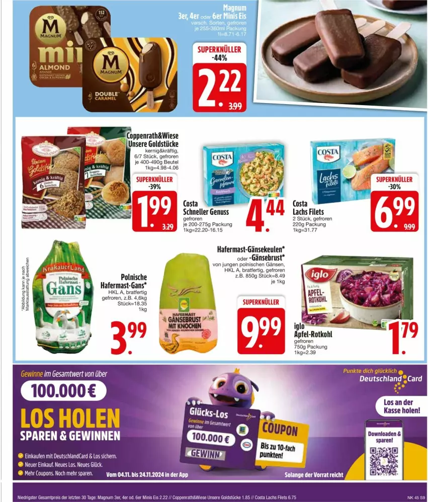 Aktueller Prospekt Edeka - Prospekte - von 04.11 bis 09.11.2024 - strona 9 - produkty: apfel, beutel, coupon, coupons, deutschlandcard, elle, filet, filets, Gänsebrust, Gänsekeulen, hafer, iglo, lachs, nuss, rotkohl, Ti