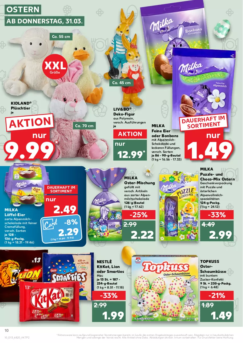 Aktueller Prospekt Kaufland - von 31.03 bis 06.04.2022 - strona 10 - produkty: alpenmilch, angebot, auer, beutel, bonbons, creme, eier, kitkat, lion, Löffel, milch, milka, nestlé, Plüsch, Puzzle, schoko, schokolade, smarties, Spezi, Ti, vollmilch, ZTE, zucker