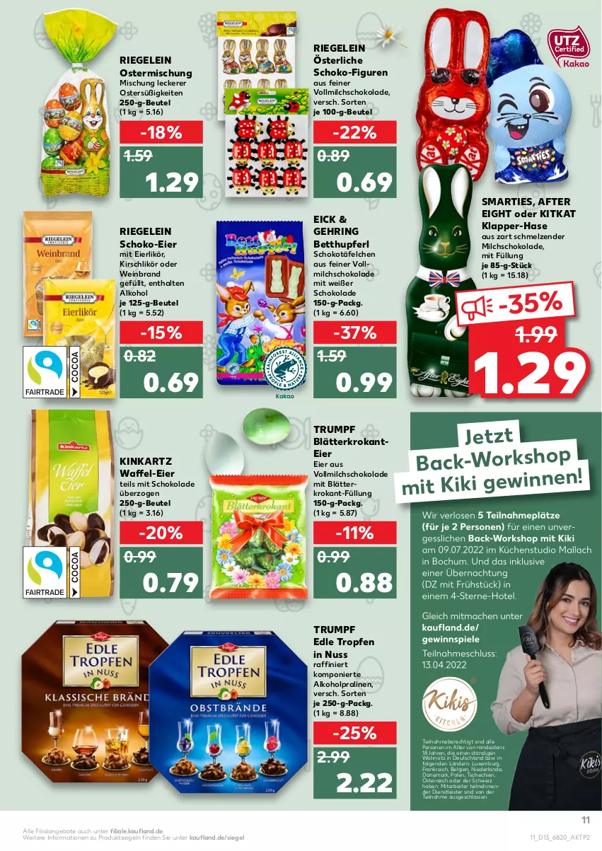 Aktueller Prospekt Kaufland - von 31.03 bis 06.04.2022 - strona 11 - produkty: after eight, alkohol, angebot, angebote, bett, beutel, eier, eierlikör, eis, kirsch, Kirschlikör, kitkat, LG, likör, milch, nuss, pralinen, riegel, ring, rum, schoko, schokolade, smarties, Ti, vollmilch, wein, weinbrand