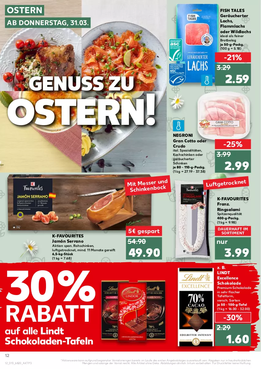 Aktueller Prospekt Kaufland - von 31.03 bis 06.04.2022 - strona 12 - produkty: angebot, auer, brot, elle, jamón serrano, kochschinken, lachs, lamm, lindt, messer, nuss, ring, rohschinken, salami, schinken, schoko, schokolade, schokoladen, serrano, Spezi, spitzenqualität, Ti, Wild, wildlachs, ZTE