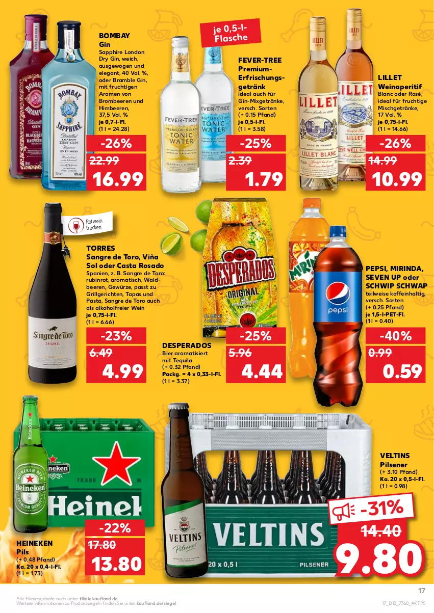 Aktueller Prospekt Kaufland - von 31.03 bis 06.04.2022 - strona 17 - produkty: alkohol, angebot, angebote, aperitif, beere, beeren, bier, brombeere, brombeeren, desperados, dry gin, eier, eis, erfrischungsgetränk, fever-tree, flasche, frucht, getränk, getränke, gewürz, gin, grill, heineken, himbeer, himbeere, himbeeren, LG, lillet, london dry, london dry gin, Mirinda, mit frucht, Mixgetränk, pasta, pepsi, pils, pilsener, rind, rotwein, Rubin, sapphire, Schwip Schwap, Tapas, tequila, Ti, tisch, veltins, veltins pilsener, wein