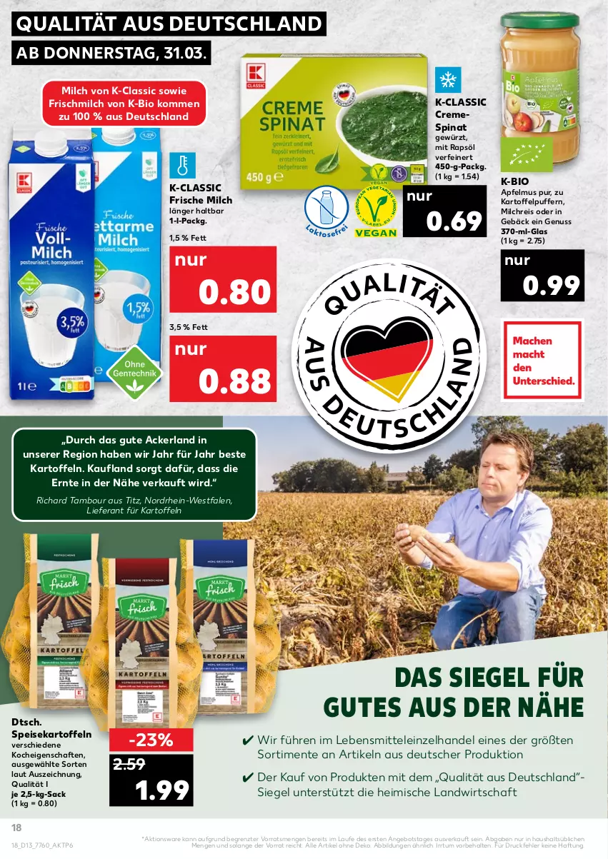 Aktueller Prospekt Kaufland - von 31.03 bis 06.04.2022 - strona 18 - produkty: angebot, apfel, apfelmus, bio, creme, eis, ente, frische milch, gewürz, kartoffel, kartoffeln, kartoffelpuffer, lebensmittel, milch, milchreis, nuss, rapsöl, reis, sac, speisekartoffeln, spinat, Ti, ZTE