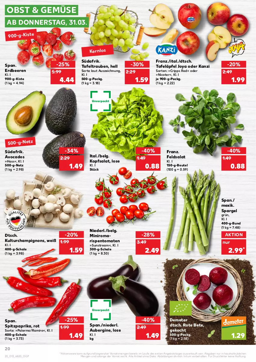 Aktueller Prospekt Kaufland - von 31.03 bis 06.04.2022 - strona 20 - produkty: angebot, aubergine, avocado, avocados, beere, beeren, beutel, champignon, champignons, erdbeere, erdbeeren, feldsalat, gin, kopfsalat, LG, obst, paprika, rispentomaten, rote bete, salat, Schal, Schale, spargel, Spitzpaprika, tafeläpfel, tafeltrauben, Ti, tomate, tomaten, trauben, ZTE